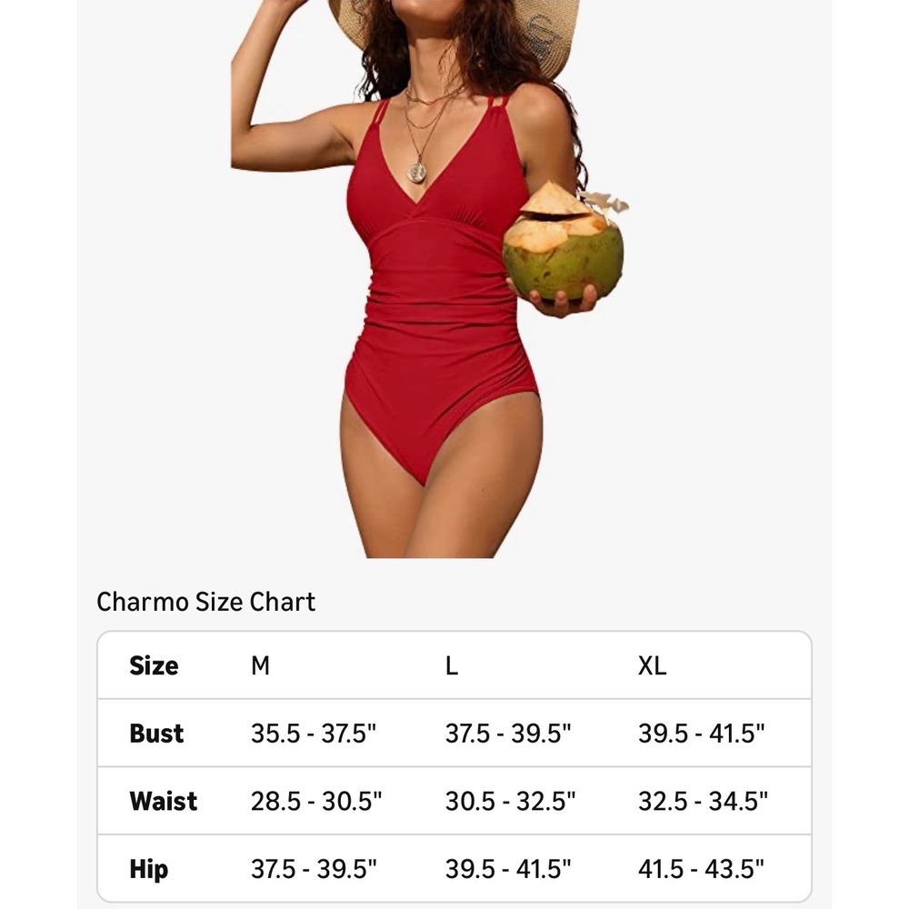 Charmo Red One Piece Swimsuit Ruched V-Neck Cross Back UPF 50+ Size XL NEW